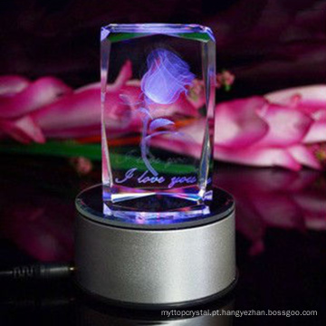 belo cubo de cristal de cristal 3D rosa com luz LED, lembrança de cristal